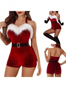 Women's Mrs. Claus Costume, Sleeveless Faux Fur Trim Halter Romper Short Jumpsuit