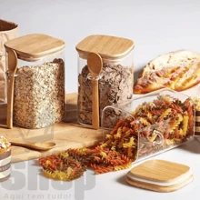 Square Glass Airtight Jar With Spoon And Bamboo Lid, Borosilicate Glass 250ml - 彩色 - 查看 3