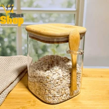 Square Glass Airtight Jar With Spoon And Bamboo Lid, Borosilicate Glass 250ml - 彩色 - 查看 5