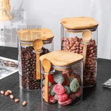 Square Glass Airtight Jar With Spoon And Bamboo Lid, Borosilicate Glass 250ml - 彩色 - 查看 6