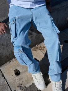 Denim Masculino de Cintura Alta, Casual, Solto, de Cor Sólida e Perna Reta