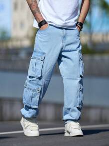 Denim Masculino de Cintura Alta, Casual, Solto, de Cor Sólida e Perna Reta