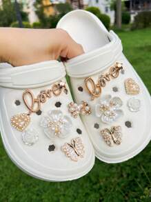 12pcs Sparkling Heart & Camellia Flower Shoe Charms Decorations, Suitable For Sandals And Clogs, Removable. Holiday Gift