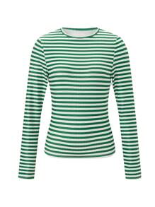 Women's Rib Knitted Striped T-Shirts Contrast Color Slim Fit Long Sleeve Round Neck Casual Tee Tops - 綠色 - 查看 4