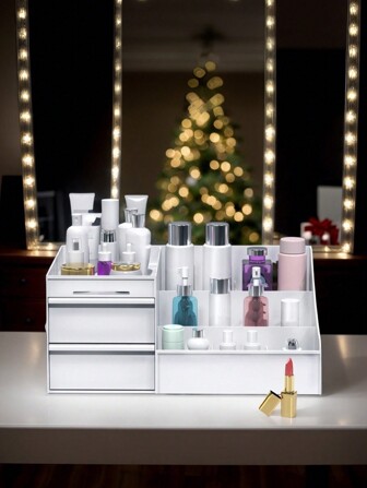 大容量化妆品收纳盒，1个带抽屉的化妆品收纳盒，台面化妆品收纳架，梳妆台口红、化妆刷、乳液、眼影、指甲油和首饰收纳架，梳妆台桌面收纳盒，浴室礼品盒，趣味礼物，收纳袋，化妆包，洗漱包，桌面收纳盒，化妆包，化妆袋，首饰盒，化妆包，化妆刷架，化妆刷收纳架，香水收纳盒，化妆包，女士圣诞礼物创意