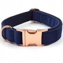 2 件套，INS 风格时尚奢华海军蓝天鹅绒宠物狗项圈和牵引绳套装，玫瑰金锌合金扣，加垫双层面料，可调节尺寸适合小型/中型/大型犬，柔软天鹅绒，耐用锌合金扣，非常适合新年生日礼物 - 藏蓝色 - 查看 4
