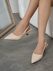 女士纯色尖头露跟猫跟鞋，简约舒适，适合秋冬季工作、通勤和正式场合，米色PU材质，优雅，适合派对穿着。 - 米色 - 查看 3