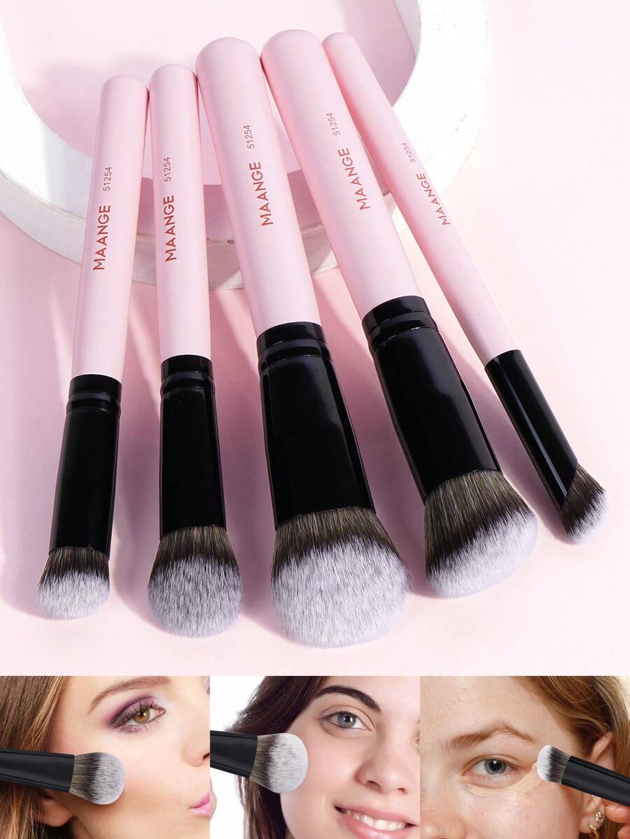 MAANGE 5pcs Professional Facial Makeup Brush Set With Loose Powder Brush Blush Brush Foundation Brush Contour Brush Nose Contour Brush,Makeup Tools With Soft Fiber For Powder,Liquid,For Easy Carrying,Brush For Travel.Gift For Women&Girls - 粉色 - 查看 1