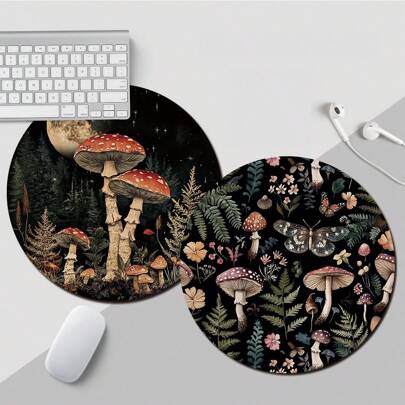 1pc Cute Mushroom & Floral Design Round Mouse Pad, With Non-Slip Rubber Base, Small Compact Size Portable Travel Mouse Pad For Office Work Desk, Laptop, Computer Accessories