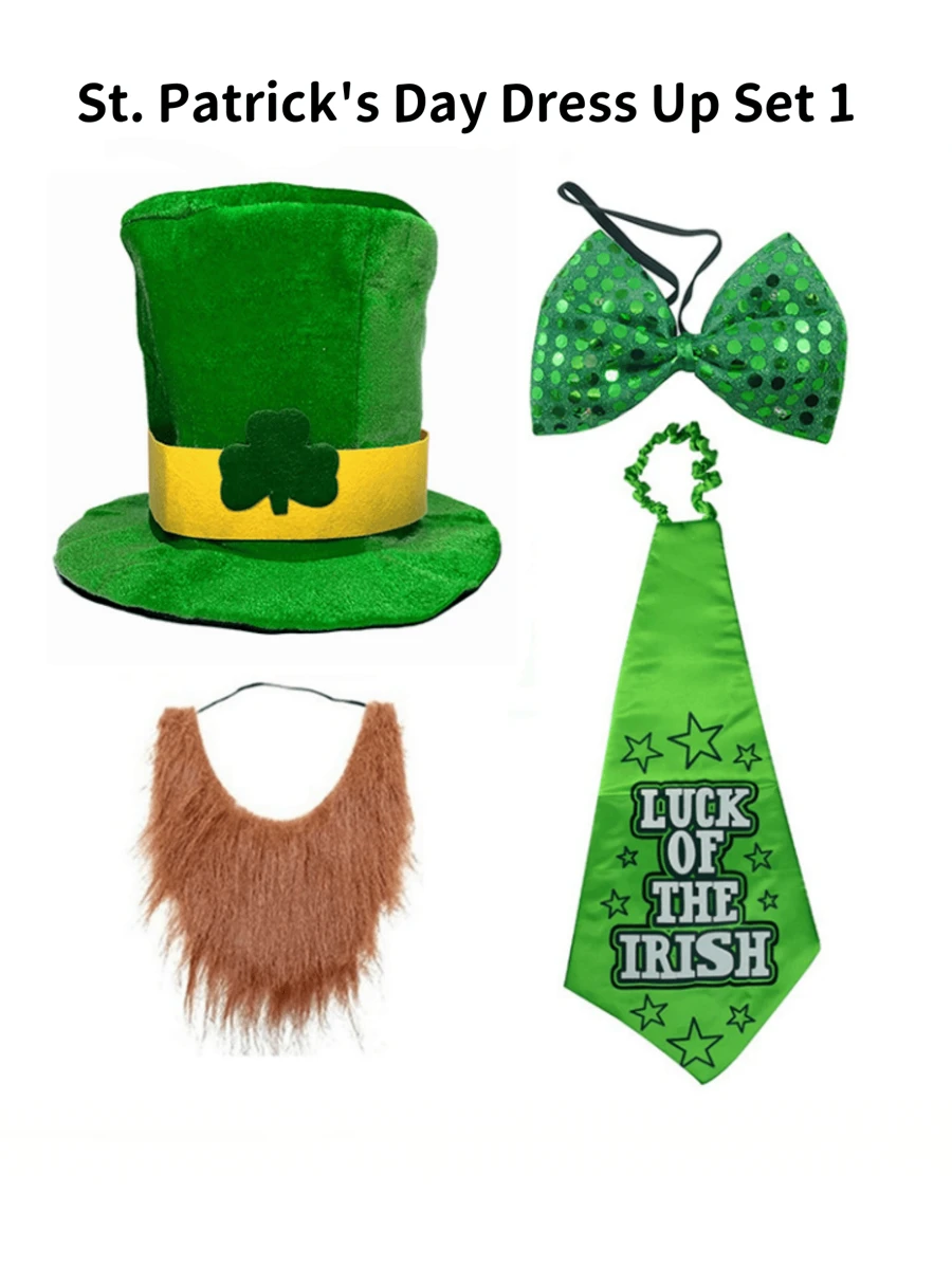 4 件套爱尔兰派对帽套装，圣帕特里克节三叶草帽（带胡须）、爱尔兰高顶礼帽、领带和领结、派对表演帽