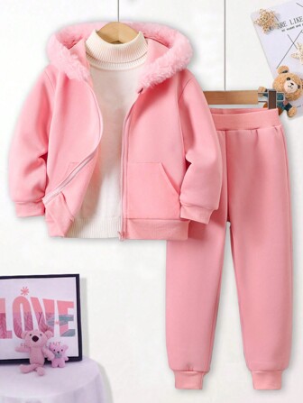 Tween Girls 2 Pieces Set: Pink Hooded Coat With Fur Collar + Elastic Waist Warm Pants, Soft Material, Fashionable & Skin-Friendly, Cute Casual Style, Essential For Autumn/Winter