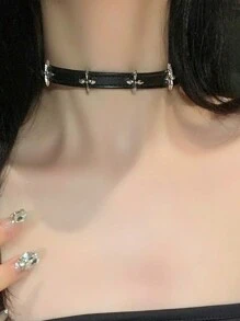 1pc Titanium Steel Non-Fading Double Layer Silver Rose Flower Choker Leather Necklace, High-End Neck Ring For Women