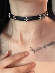 1pc Titanium Steel Non-Fading Double Layer Silver Rose Flower Choker Leather Necklace, High-End Neck Ring For Women