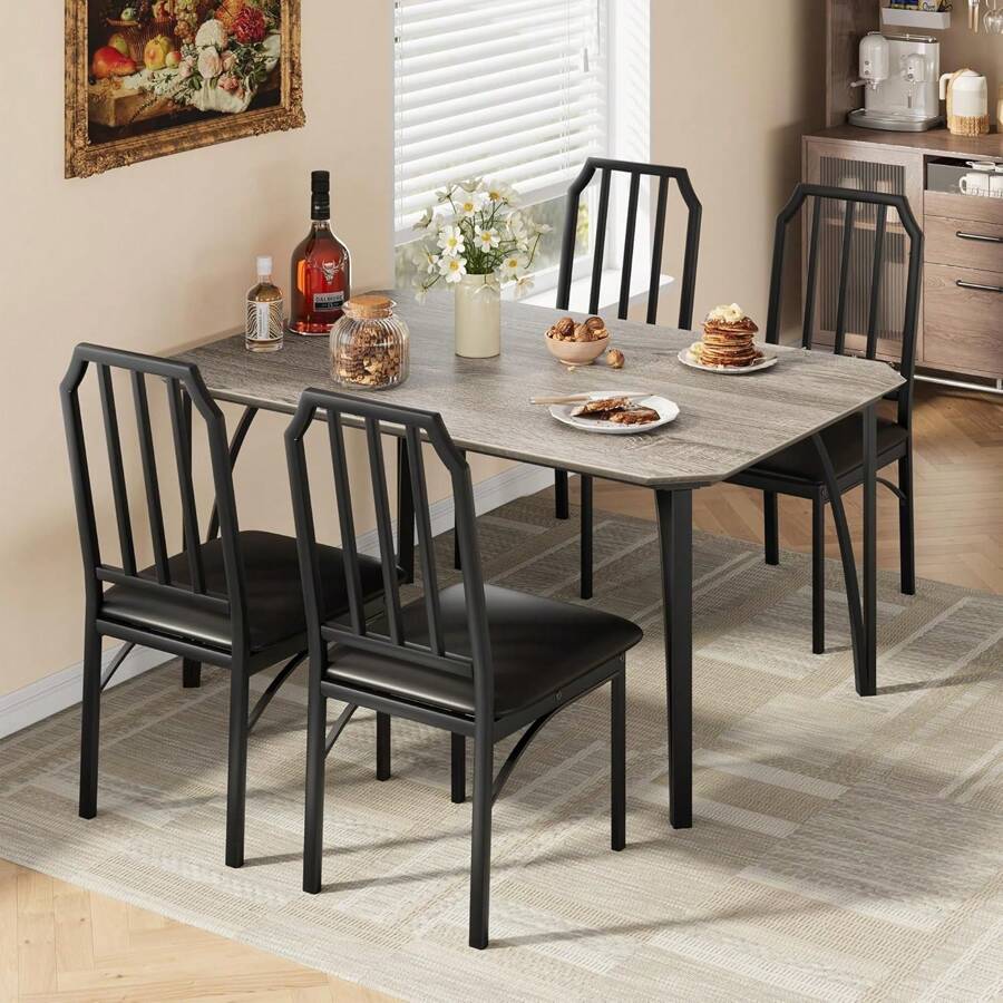 Dining Table Set For 4, Kitchen Table Chairs Set Of 4 With Ultra Comfortable PU Cushion, Dining Room Table Set For 4 Furniture With Kitchen Chairs Suitable For Small Space - Grey - View 1