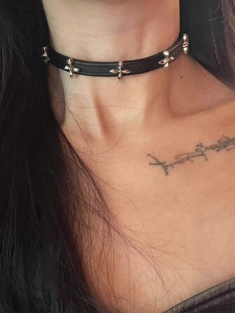 1pc Titanium Steel Non-Fading Double Layer Silver Rose Flower Choker Leather Necklace, High-End Neck Ring For Women