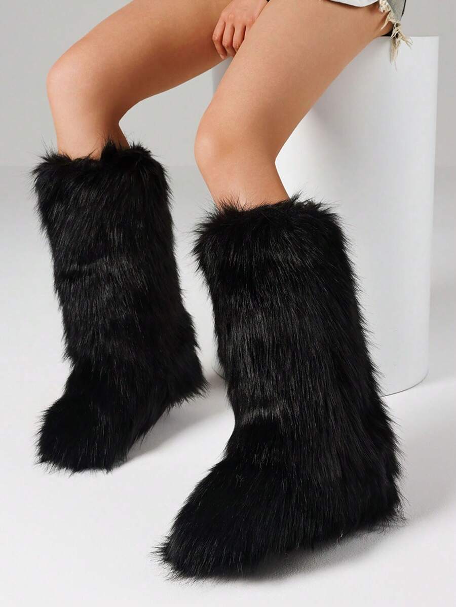 Furry Fluffy Women Snow Boots Warmplush Knee High Flats Luxury Fashion Punk Goth Cosplay Women Winter Shoes - 黑色 - 查看 1