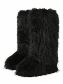 Furry Fluffy Women Snow Boots Warmplush Knee High Flats Luxury Fashion Punk Goth Cosplay Women Winter Shoes - 黑色 - 查看 4