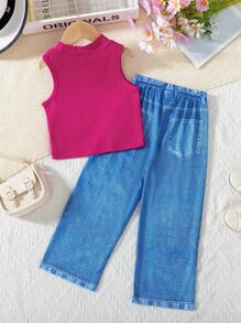 Young Girl Ribbed Solid Color Tank Top And Floral Print Faux Denim Casual Pants Set