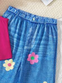 Young Girl Ribbed Solid Color Tank Top And Floral Print Faux Denim Casual Pants Set