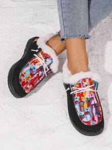 女士休闲时尚户外可爱狗狗图案拼布毛绒鞋，最流行的舒适保暖冬季雪地靴防滑运动鞋，彩色图案适合旅行和度假，毛绒风格 - 彩色 - 查看 4