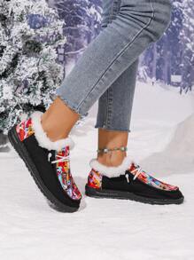 女士休闲时尚户外可爱狗狗图案拼布毛绒鞋，最流行的舒适保暖冬季雪地靴防滑运动鞋，彩色图案适合旅行和度假，毛绒风格 - 彩色 - 查看 2