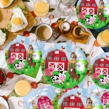 Zestaw 10/20 szt. zastawy stołowej na imprezę w stylu westernu z motywem krowiej farmy, zawiera 7-calowe/9-calowe papierowe talerzyki na imprezę z krowią farmą, serwetki na imprezę z krowią farmą, kubki na imprezę z krowią farmą. Nadaje się na imprezę z odgrywaniem ról w stylu kowbojskim, przyjęcie urodzinowe, piknik, dekoracje na imprezę rodzinną