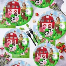 Zestaw 10/20 szt. zastawy stołowej na imprezę w stylu westernu z motywem krowiej farmy, zawiera 7-calowe/9-calowe papierowe talerzyki na imprezę z krowią farmą, serwetki na imprezę z krowią farmą, kubki na imprezę z krowią farmą. Nadaje się na imprezę z odgrywaniem ról w stylu kowbojskim, przyjęcie urodzinowe, piknik, dekoracje na imprezę rodzinną