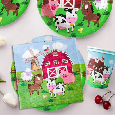10/20pcs Western Themed Cartoon Cow Farm Pattern Party Tableware Set, Includes 7-Inch/9-Inch Cow Farm Party Paper Plates, Cow Farm Animal Party Napkins, Cow Farm Party Cups. Suitable For Cowboy Role Play Party, Birthday Party, Picnic, Family Gathering Party Decorations