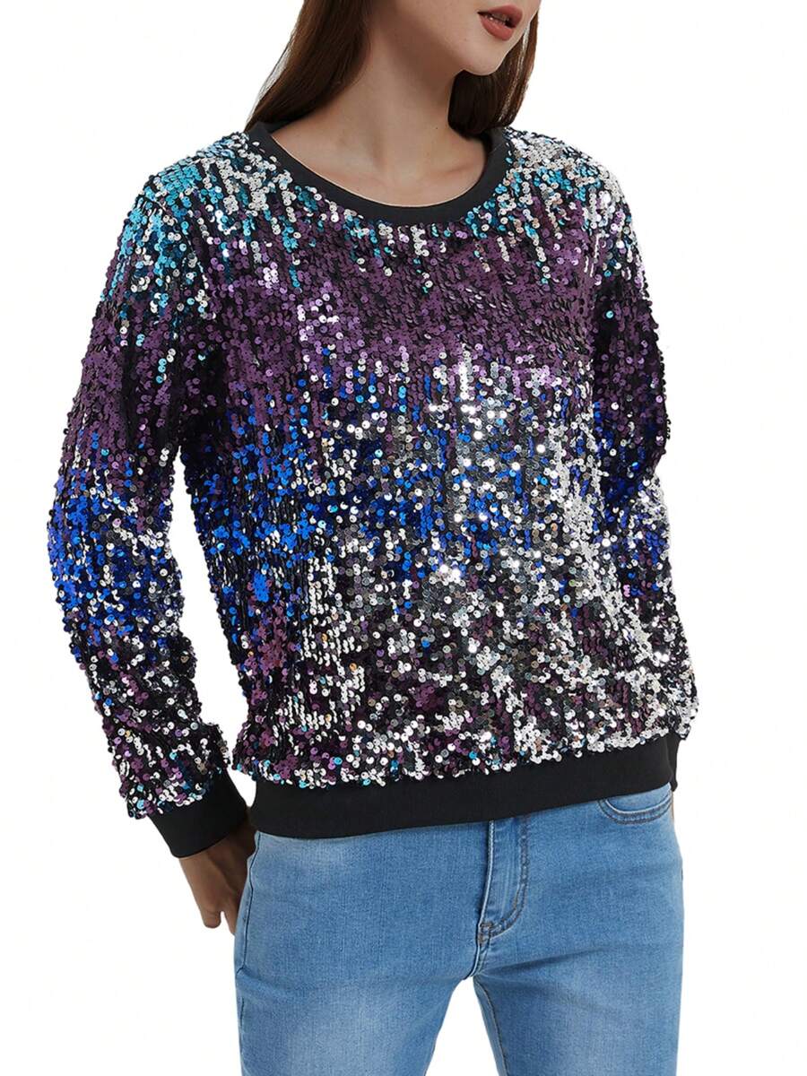Women's Glitter Sequin Sweatshirt Long Sleeve Pullover Tops With Ribbed Cuffs - Midnight - View 1