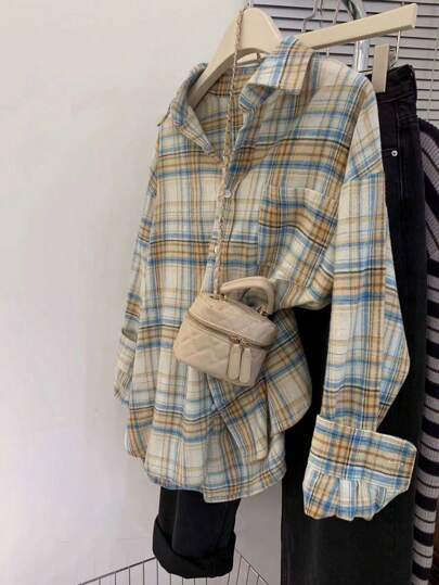 YUXIN חולצה עם שרוולים ארוכים בדוגמת משובצת רטרו אמריקאית לנשים, אביב סתיו נישה שיק עיצוב רופף