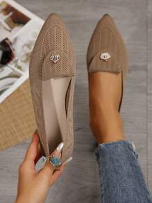 女士纯色平底鞋，透气柔软编织飞鞋，轻便舒适 - 卡其色 - 查看 1