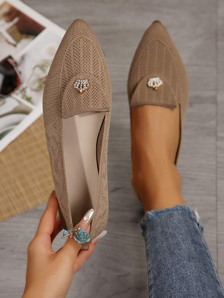 女士纯色平底鞋，透气柔软编织飞鞋，轻便舒适 - 卡其色 - 查看 1
