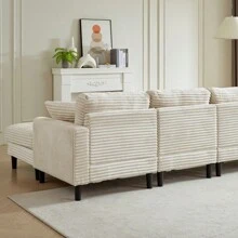 122.5-Inch Oversized U-Shaped Modular Sofa, Corduroy Fabric Sofa, Living Room Sectional Sofa With 2 Pillows, Two Ottoman, Plastic Leg, Black - Beige + Corduroy + Foam + 4 Seat - View 6