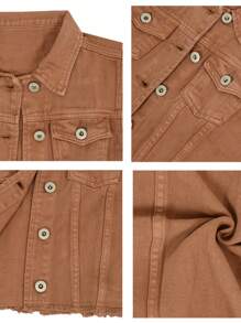 Womens Distressed Denim Button Up Sleeveless Crop Vest - Brown - View 5