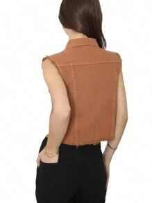 Womens Distressed Denim Button Up Sleeveless Crop Vest - Brown - View 2
