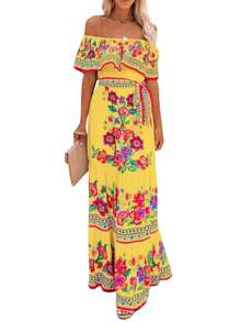 Women's Mexican Maxi Dress Floral Print Off The Shoulder A-Line Flowy Long Dress Tie Waist Summer Beach Vacation Sundress - Màu vàng - Xem 1
