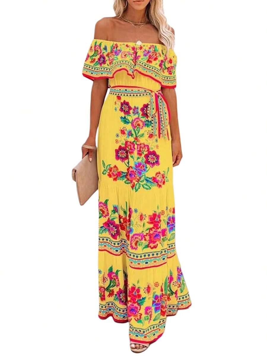 Women's Mexican Maxi Dress Floral Print Off The Shoulder A-Line Flowy Long Dress Tie Waist Summer Beach Vacation Sundress - Màu vàng - Xem 1