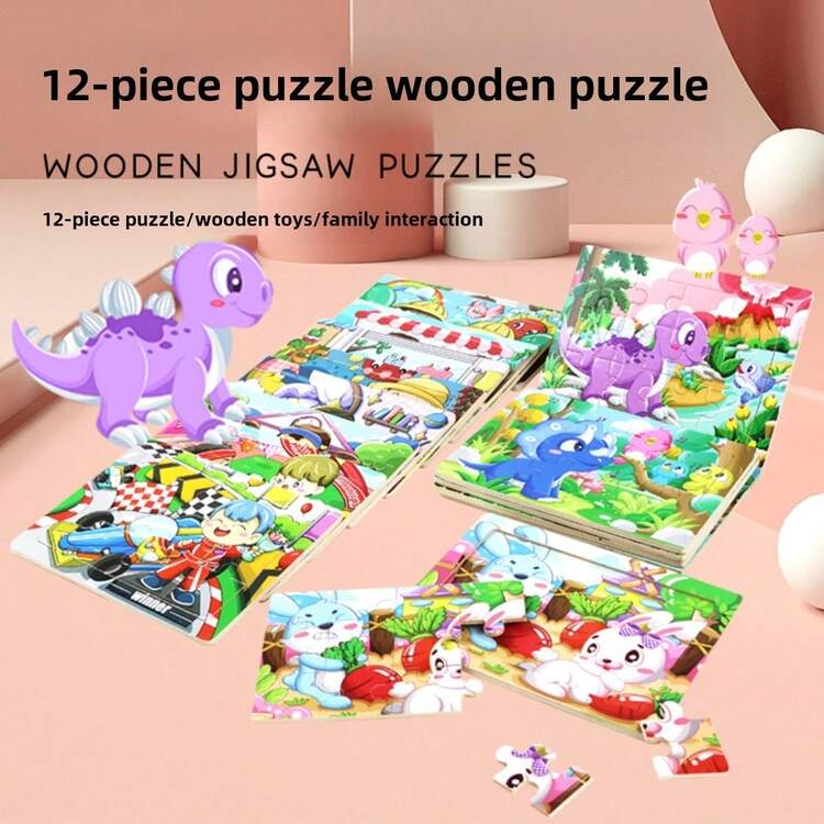 12 piezas Rompecabezas plano de madera Montessori, juguete educativo de aprendizaje preescolar para niños y niñas, adecuado para regalo de cumpleaños, Navidad, Acción de Gracias - Variedad de rompecabezas temáticos para estimular la imaginación y la cognición - Multicolor - Añade 5