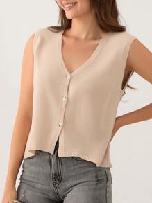 Women Basic Tank Tops Casual Summer Solid Color Button Front V-Neck Sleeveless Vest Aesthetic Clothes For Streetwear - Khaki - View 6