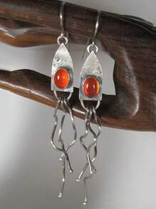 全新复古橙色椭圆形宝石长耳环 女士女孩珠宝 银色手工扭曲金属吊坠耳环 - 彩色 - 查看 7