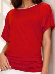 OUTBALL Womens Casual T Shirts Dolman Short Sleeve Shirts Boat Neck Ruched Tops Summer Lightweight Clothes - Red - View 3