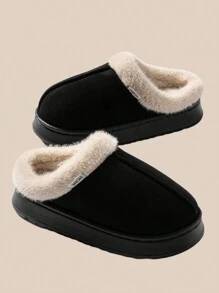 女式仿鹿绒面拖鞋，毛绒衬里，防滑，保暖室内拖鞋，厚 EVA 鞋底，适合秋冬季 - 黑色 - 查看 10