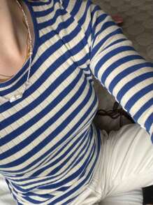 Women's Rib Knitted Striped T-Shirts Contrast Color Slim Fit Long Sleeve Round Neck Casual Tee Tops - Blue - View 4