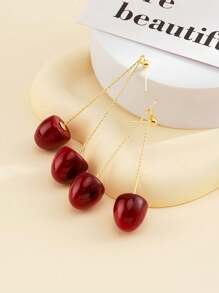 1 Cặp Hoa tai hình quả anh đào ngọt ngào và tươi mát thích hợp cho phụ nữ đeo hàng ngày và dự tiệc, Hoa tai màu đỏ Hoa tai Giáng sinh Châu Âu và Mỹ INS Thời trang Nhựa hình quả nhỏ giọt Lá xanh - Đỏ - Xem 3