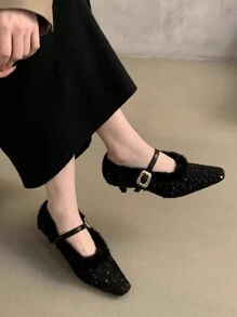 法式女性细高跟鞋 2023 韩国优雅蓬松女鞋，女士玛丽珍高跟鞋 - 黑色 - 查看 2