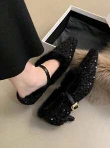 法式女性细高跟鞋 2023 韩国优雅蓬松女鞋，女士玛丽珍高跟鞋 - 黑色 - 查看 5