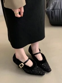 法式女性细高跟鞋 2023 韩国优雅蓬松女鞋，女士玛丽珍高跟鞋 - 黑色 - 查看 4