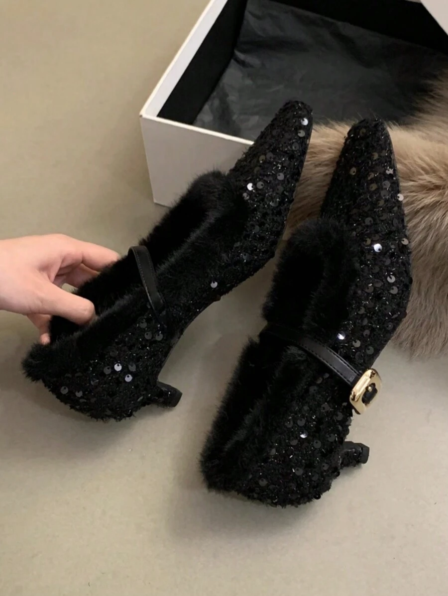 法式女性细高跟鞋 2023 韩国优雅蓬松女鞋，女士玛丽珍高跟鞋 - 黑色 - 查看 1