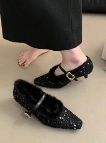 法式女性细高跟鞋 2023 韩国优雅蓬松女鞋，女士玛丽珍高跟鞋 - 黑色 - 查看 3