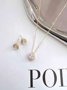 E.C SEMI JEWELLERY 1 KIT Women's Necklace And Earrings Set With Clear Zirconia Stone Plated - Vàng - Xem 7